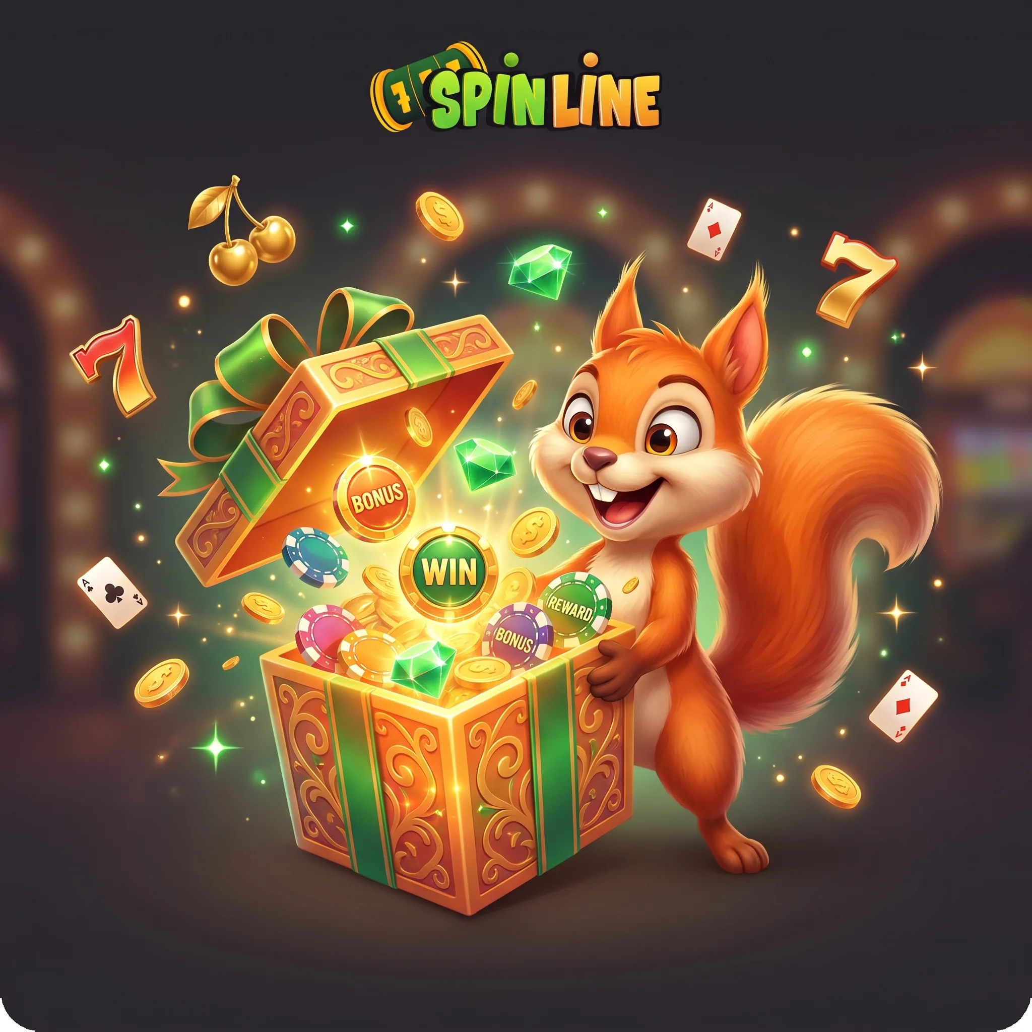 Spinline squirrel beside a golden bonus box